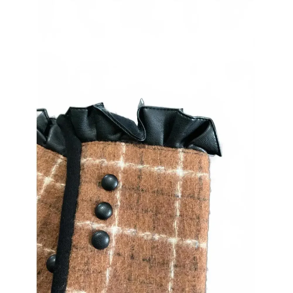 Cozy Brown Plaid Gloves with Black Trim and Button Detail